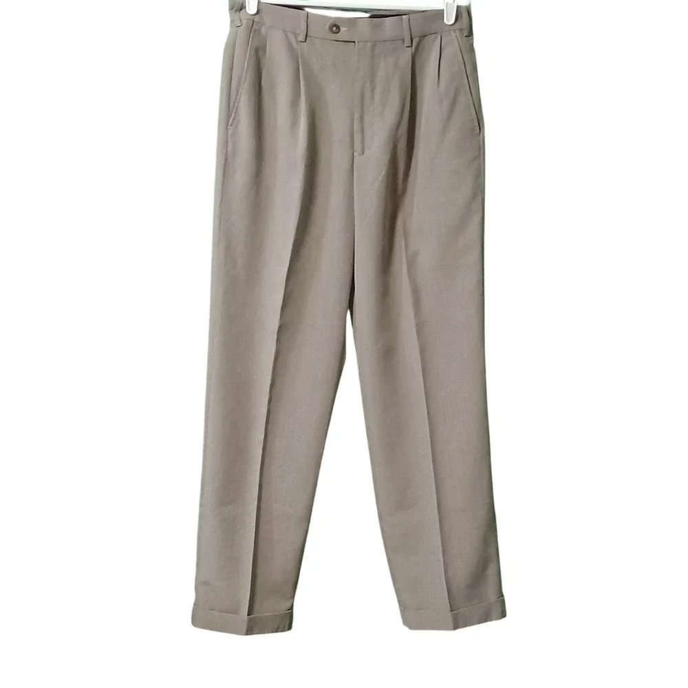 Ivy Crew Classics Mens 32x30 Tan Pleated Micro Check Cuffed Dress Pants Trousers